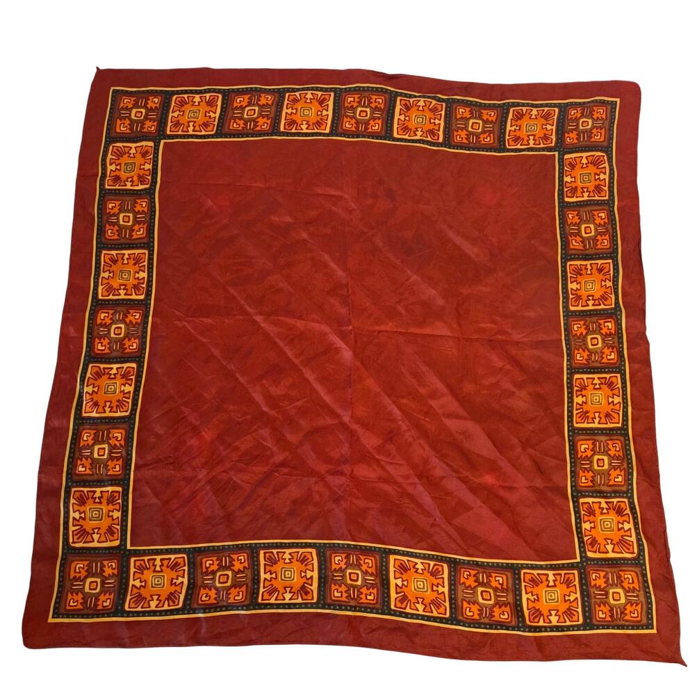 Vintage Acetate Rust Orange‎ Aztec Geometric Border Print Square Scarf